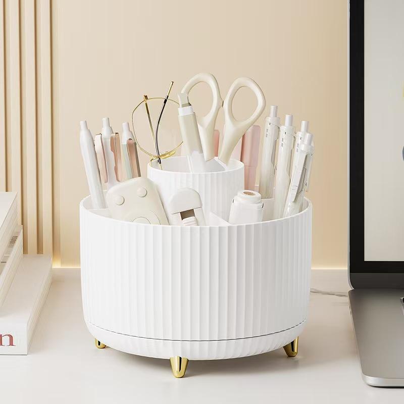 A 360 degree rotating cosmetics storage box - cosmetics storage box, display box with 5 compartments - multifunctional brush, lipstick, skin care and stationery storage box - durable and odorless luxury stripe design desktop storage box Organiser White