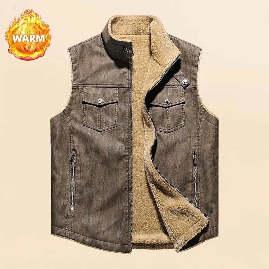 Men's Sleeveless Leather Vest Casual Zipper Pocket Stand Collar Jacket for Autumn Winter Stylish Trendy Thick Warm Polyester Fiber Excellent Heat Retention Menswear Top