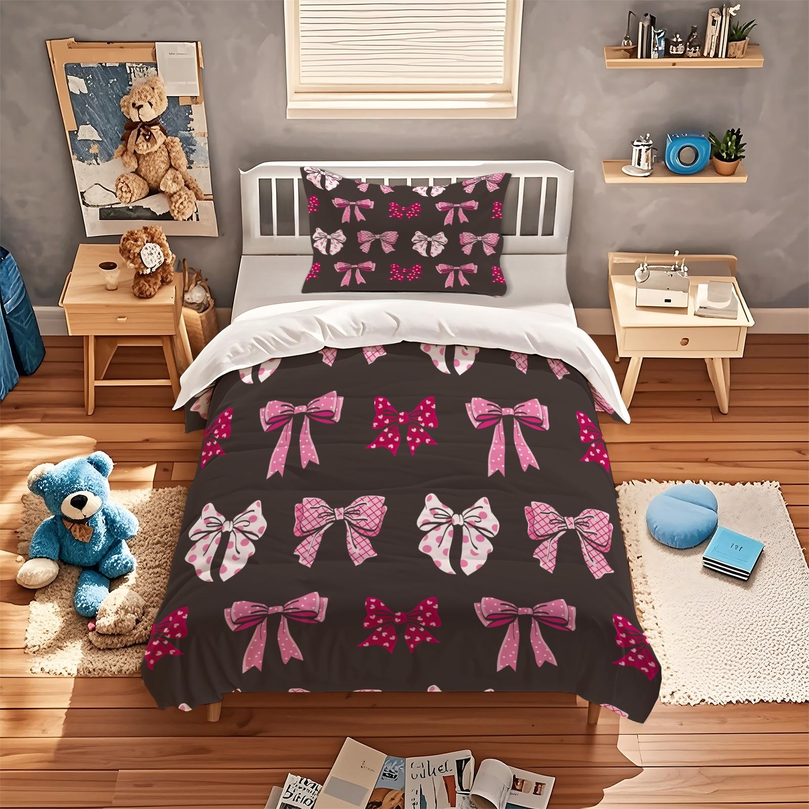 2/3 Pcs Coquette Pink Bow Print Duvet Cover Set, Cute Y2K Aesthetic Bedding Set, Vibrant Digital Print, Soft Microfiber with Zipper Closure, Ideal for Bedroom, Dorm, Girly Room Decor All Year Round - No Filling