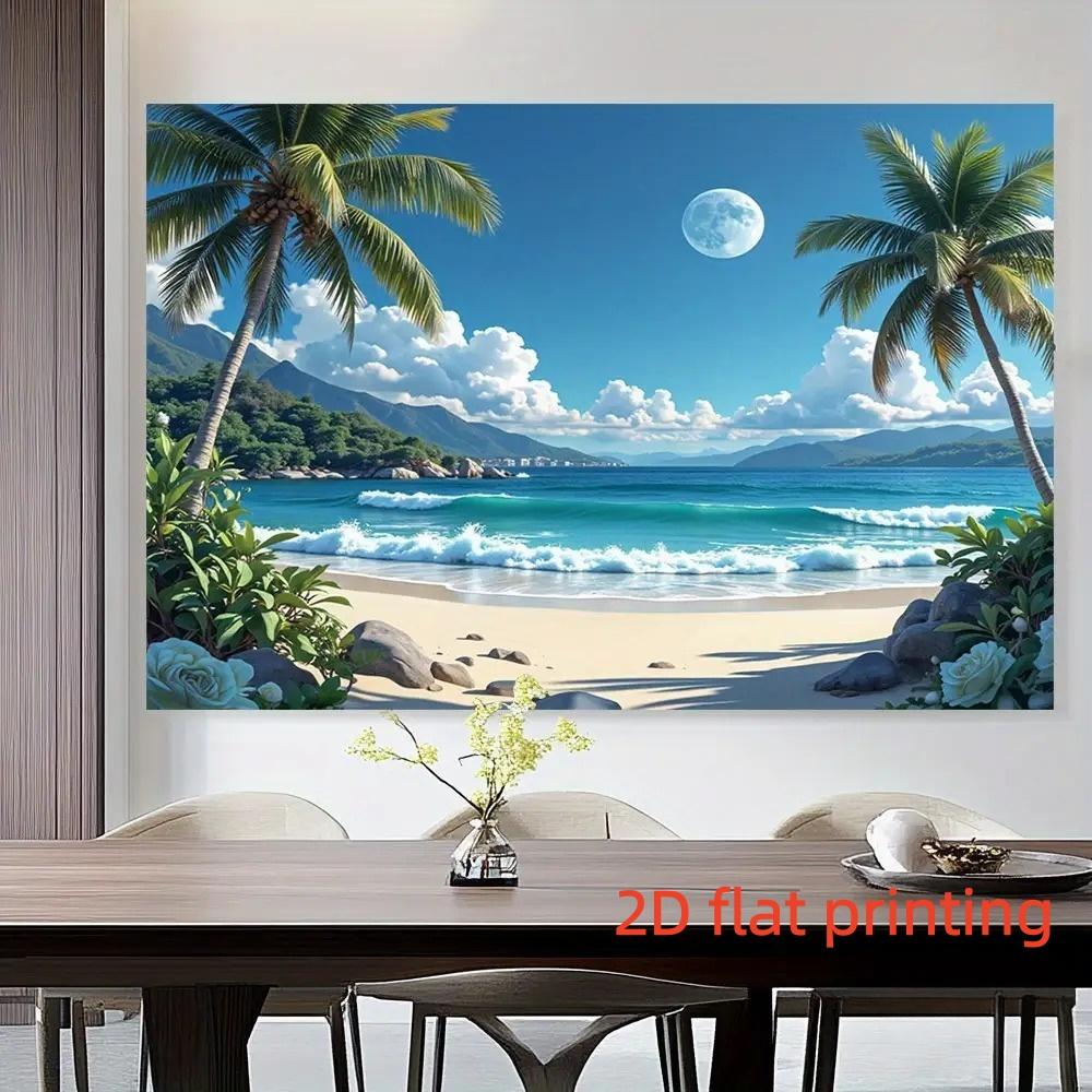 2D Flat Seaside Background Decoration Supplies, 1 PC Hawaiian Beach Scene Hanging Cloth - Tropical Party Banner with Palm Trees, Waves and Full Moon, Perfect Gift for Weddings, Birthdays, Anniversaries and All Seasons Home and Event Decoration, Hawaiian P