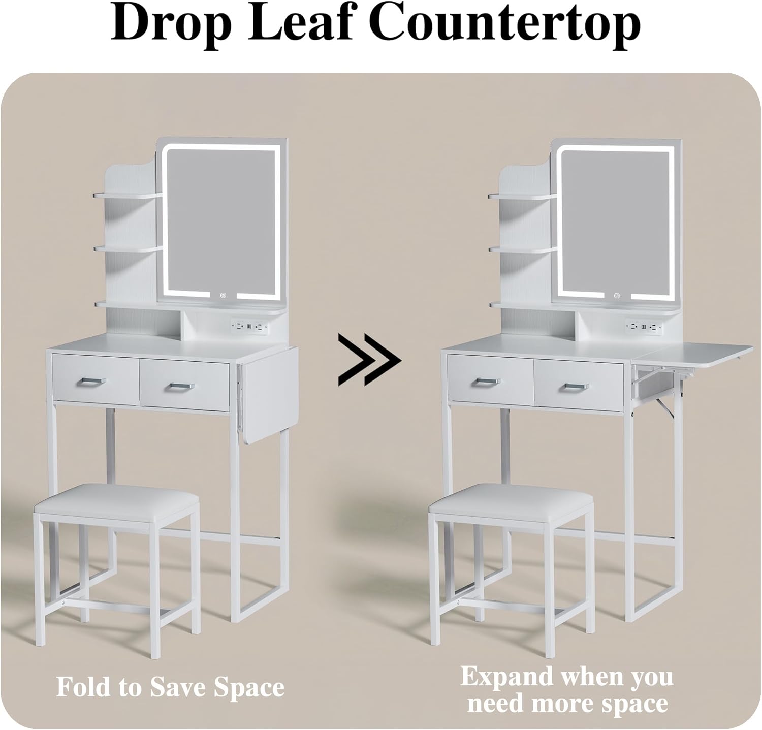 Makeup Vanity Desk with Mirror and Lights, Small Makeup Vanity with Fabric Storage Drawer & Chair & Shelves, White Vanity with Fold-up Panel and Power Outlet for Bedroom