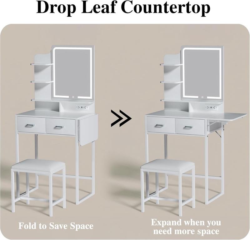 Makeup Vanity Desk with Mirror and Lights, Small Makeup Vanity with Fabric Storage Drawer & Chair & Shelves, White Vanity with Fold-up Panel and Power Outlet for Bedroom