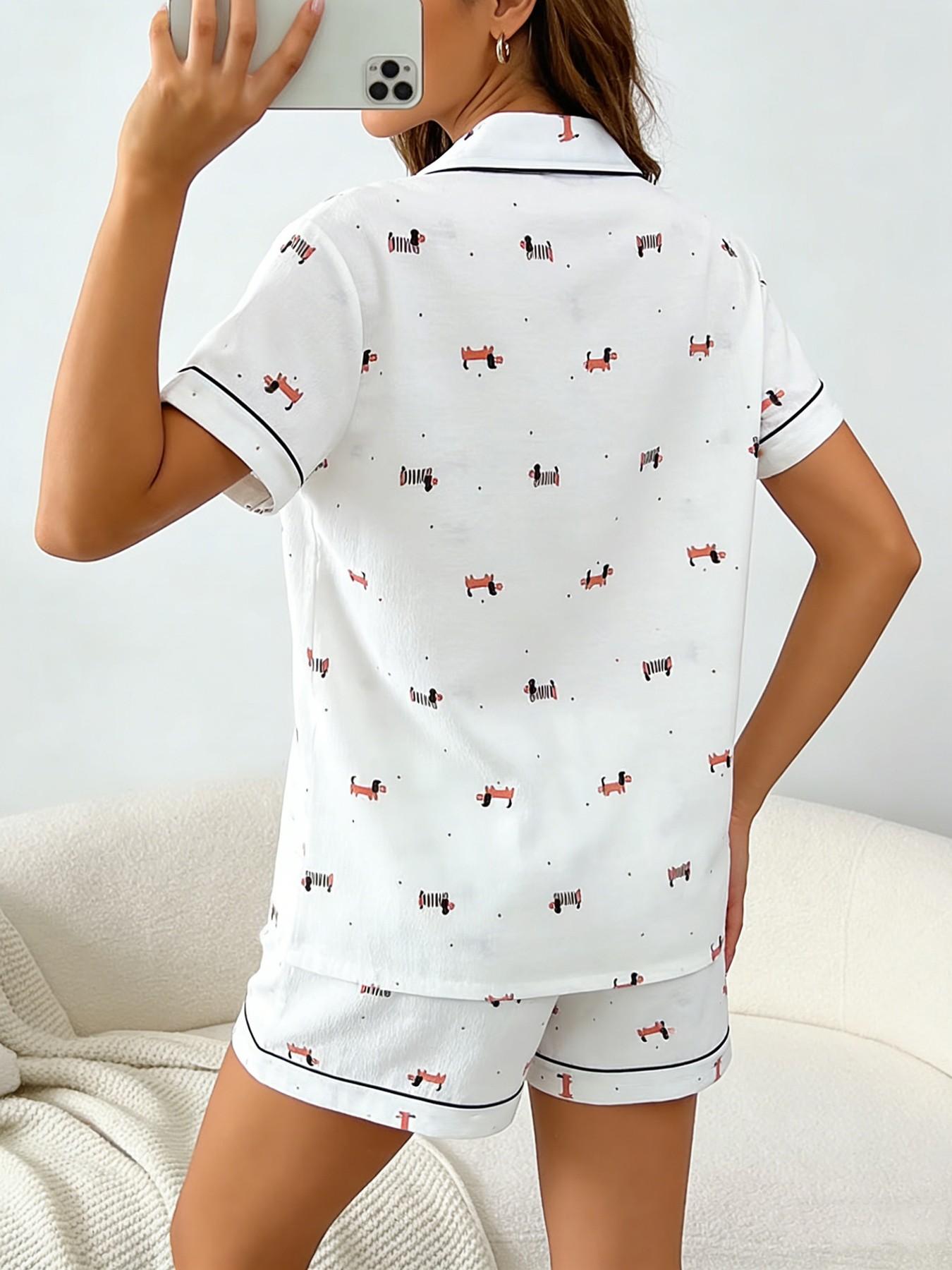 Women's Short Sleeve Button Down Top and Shorts Pajama Set, Spring Summer Wear, For Japanese Kawaii Soft Girls, Cream Base Soft Dachshund & Polka Dot Print, Small Lapel Collar, Slim Fit No Bulk, Comfortable For Daily Home Wear
