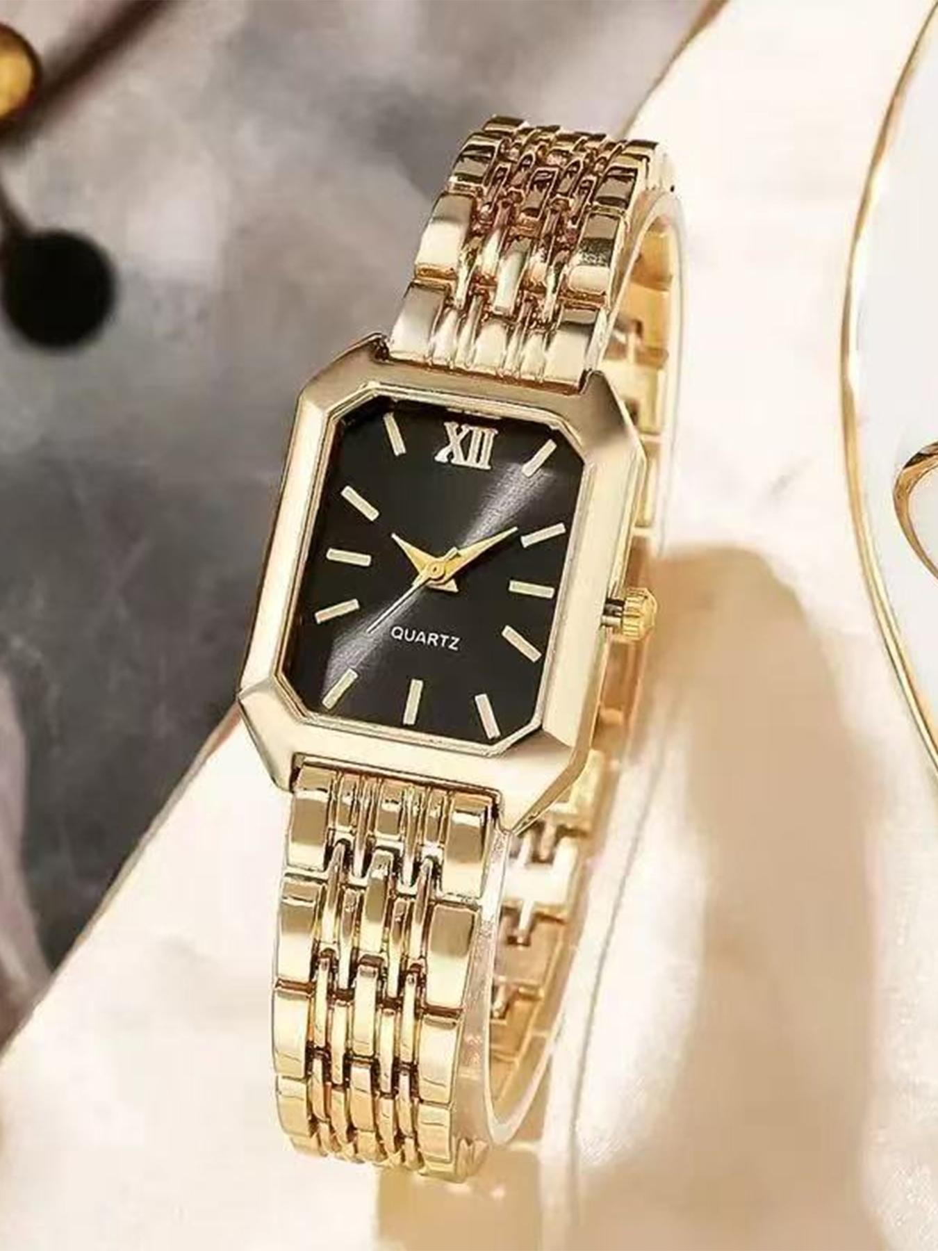 A set of 4 fashionable ladies' watches, trendy luxurious heart-shaped chains, regal quartz watches, retro rectangular dials, comfortable gold watch straps, perfect for Easter or daily wear.