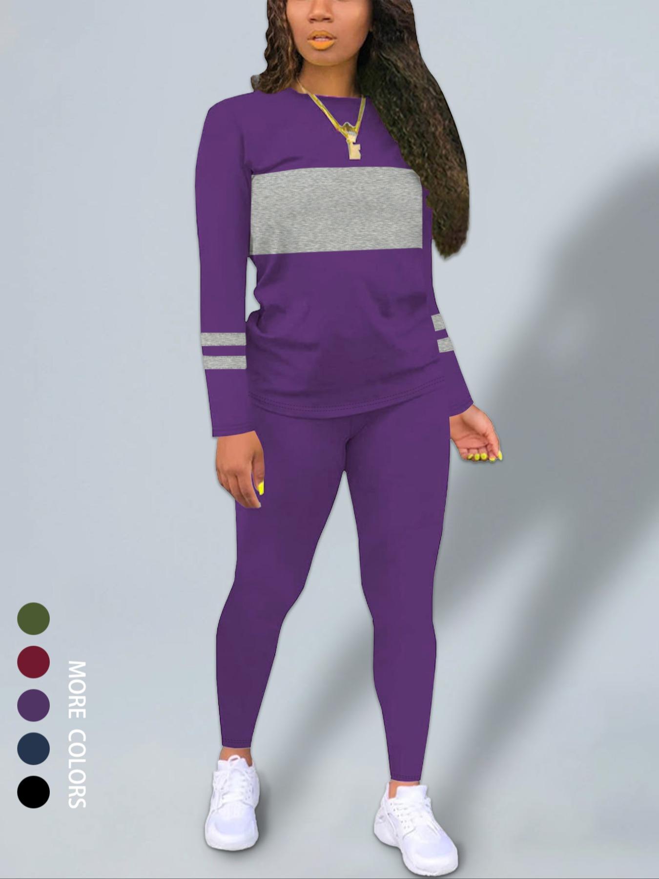 Women's Fall New Colorblock Round Neck Long Sleeve Top & Skinny Pants Set, Casual Two-Piece, Comfortable Fashion Clothing