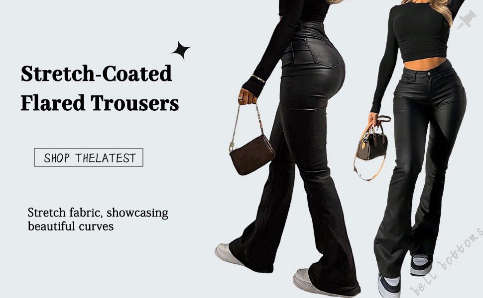 GILIPUR Y2K High Waist Coating Flare Leg Pants,Casual Lounge Pants Comfy Plain Button Pocket Trousers,Women's Ladies Bottoms For All Seasons Fall & Winter Clothes,Stretchy Coating  Flared Leg Pants,Kardashian Style,Casual Streetwear Pants,T-Chic