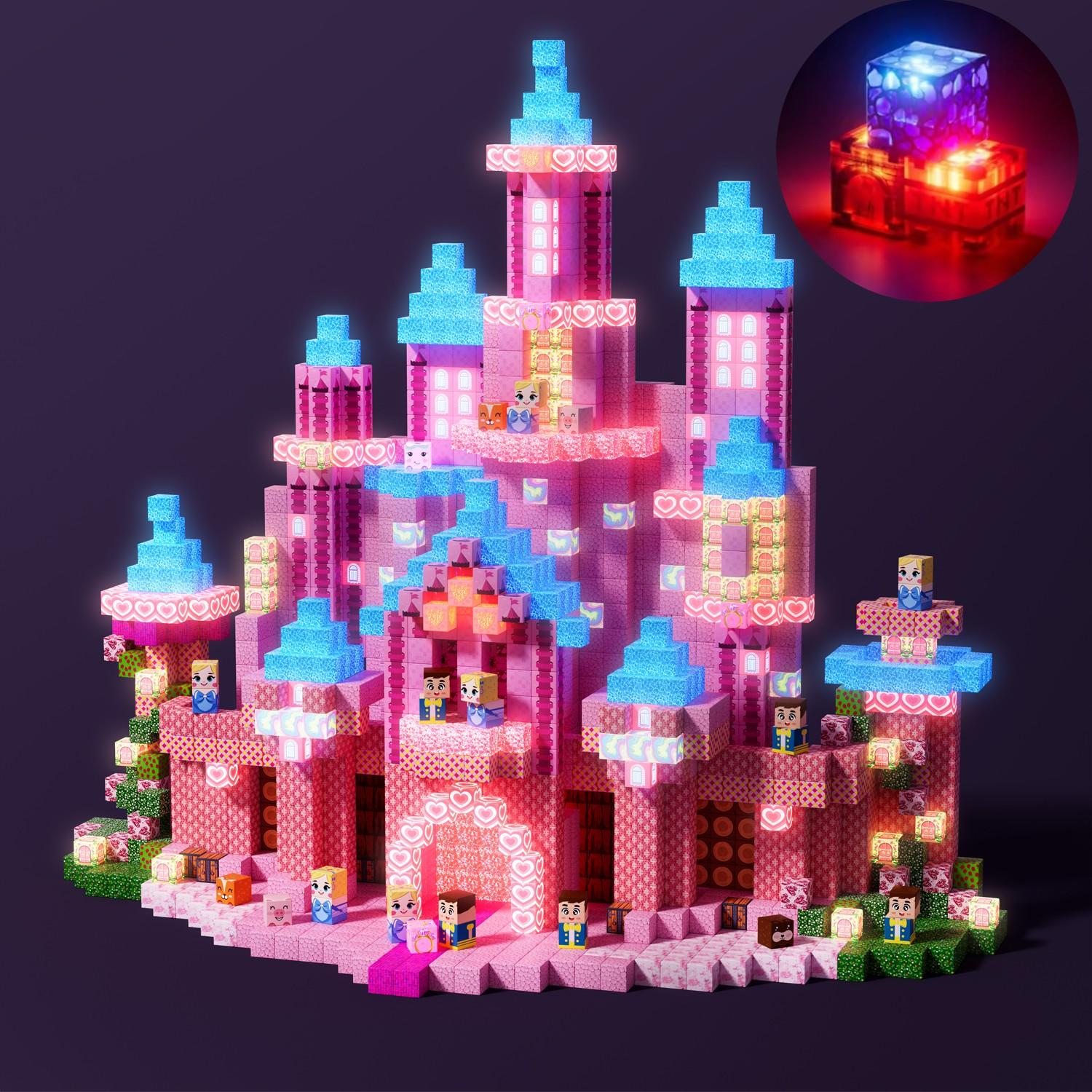Light Up Magnetic Blocks 100/150/200 PCS – Pink Princess Castle Magnetic Building Blocks, Glow in The Dark Magnetic Tiles Set, STEM Montessori Sensory Toy,Llluminated Magnetic Cubes Construction Kit for Ages 3+, Outdoor Play Christmas Birthday Gift