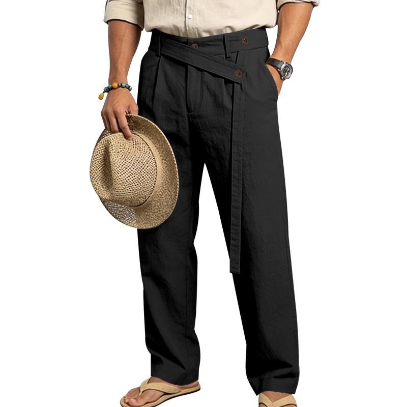 Men's 2026 Spring Summer Plain Linen-Cotton Fabric Wide Leg Trouser, Irregular Cross Buckle Waist, Loose Fit for Big-Tall Menswear, Ideal for Beach Vacation & Daily Commute (Polyester-Blended Option Available)