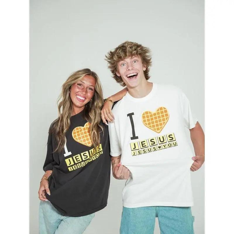 Unisex 'I Love Jesus' Cotton Christian Sports Top - Short-Sleeve, Round-Neck, Soft Waffle Knit, Digital Printing, Long Lasting Print, Casual Clothes