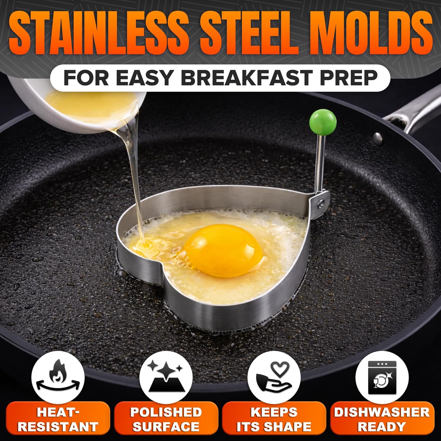 5-Piece Egg Molds,Egg and Pancake Mold Set, Egg Ring Mold, Suitable for Cooking and Frying Pancakes, Bread, and Chocolate. Fun Designs, Comfortable Handles, and Non-Slip Design.