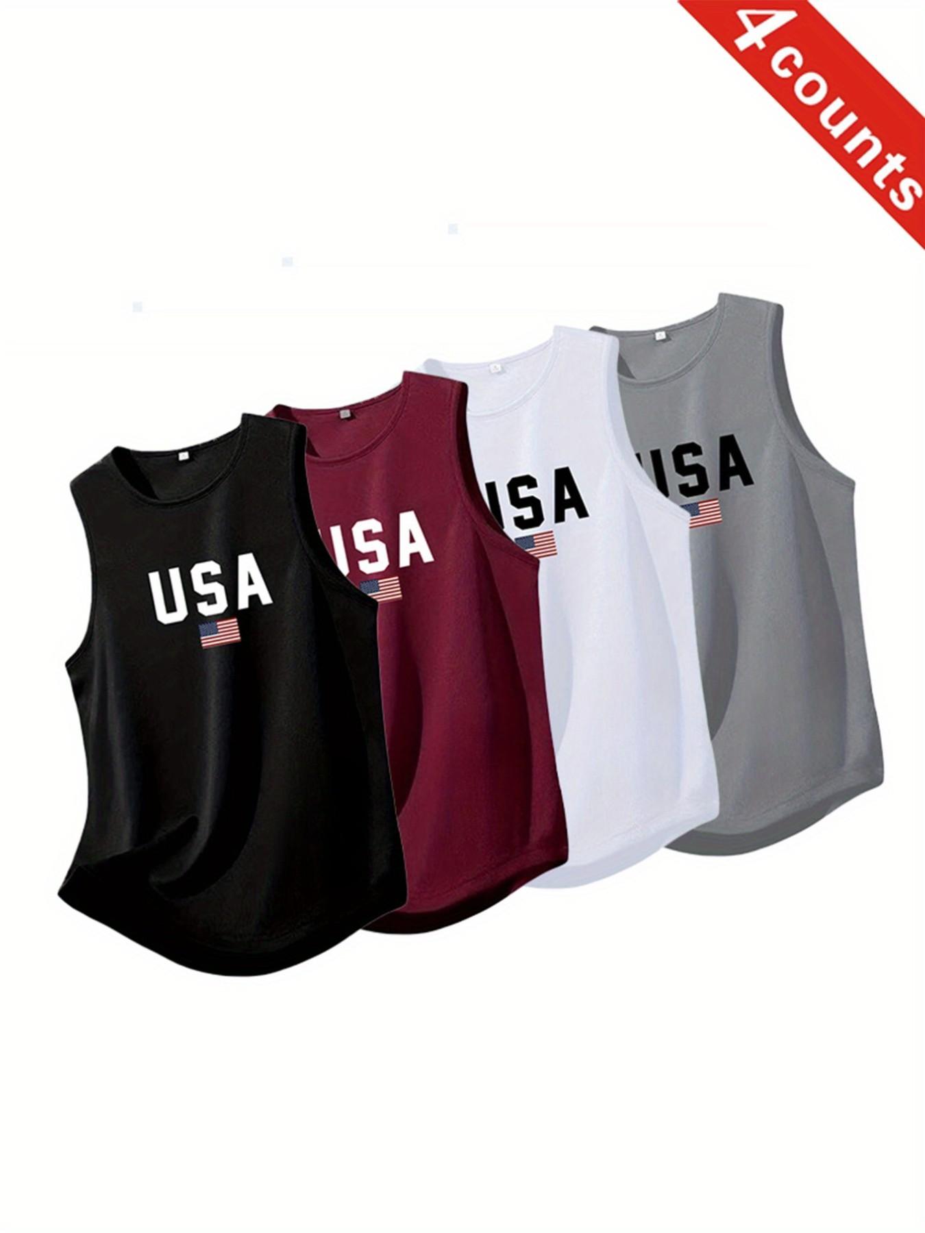 Men's Sport Sleeveless T-Shirt Set, Quick-Dry Breathable Usa Flag Print, Casual Gym Wear for Running Swimming All Seasons, Active Sportswear, Athletic Sports Clothing, Dry Fit Shirts