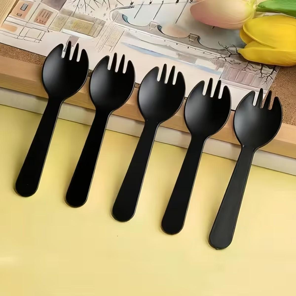 50/100/300/500pc black fork and spoon, perfect for desserts, ice cream, cakes, mousse, pudding, durian, fruit salad, etc., are the best choice for New Year, Valentine's Day, family gatherings, and outdoor camping