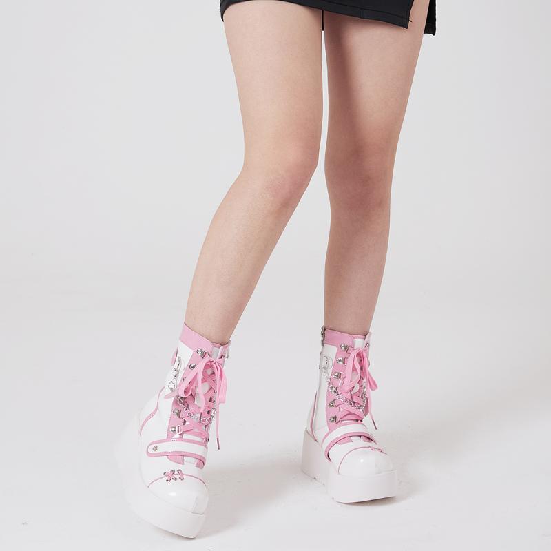 Platform Ankle boots for Women Goth Rave Boots Kawaii Shoes Cute Heart Lace Up Rave Wedge High Heel Round Toe Combat Boots Zipper Wedges Mid Calf Booties with Chain Outdoor Dress