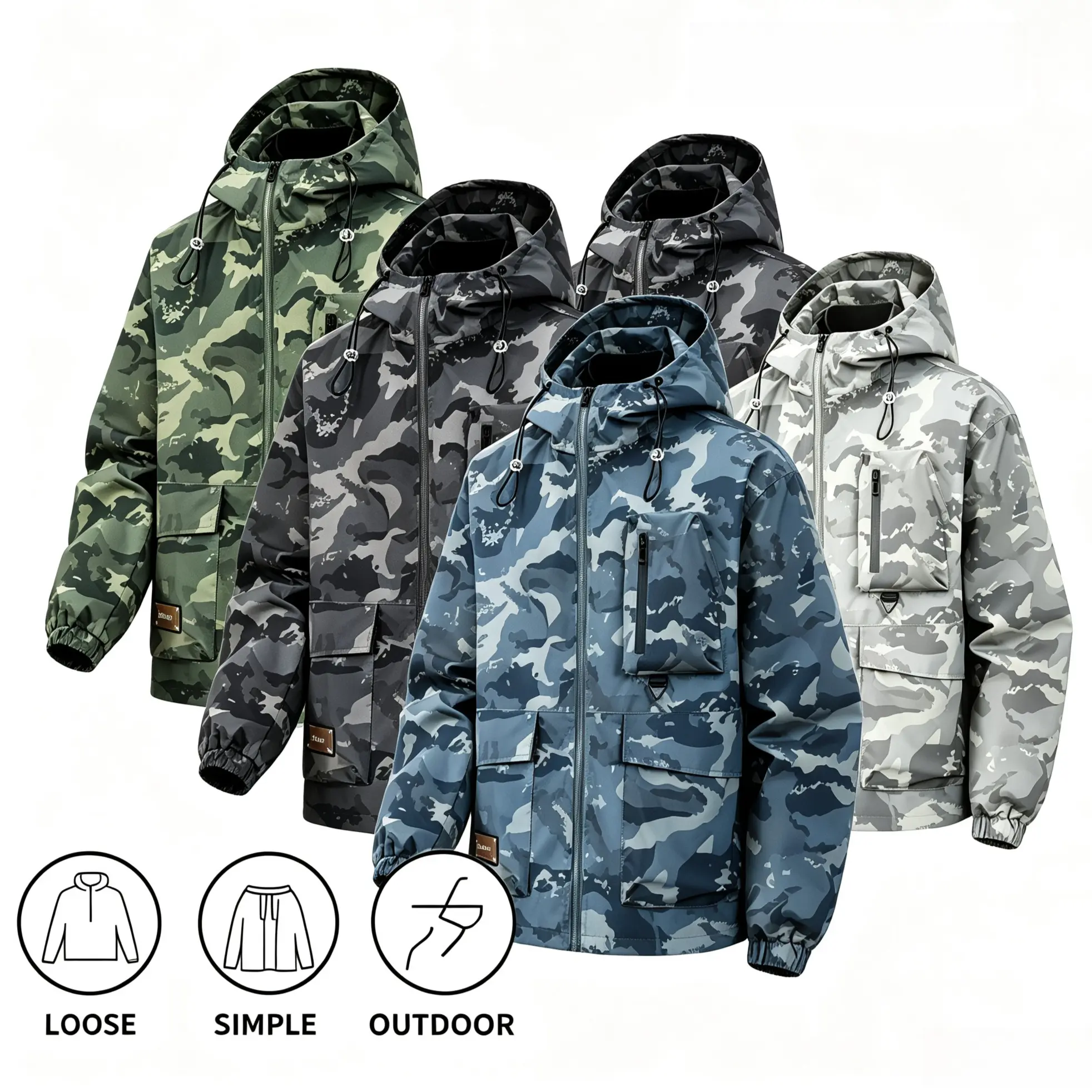 Men's camo hooded workwear jacket featuring an American utility outdoor style, multiple compartments and 3D pockets paired with an adjustable drawstring hood, suitable for outdoor trekking and everyday outings, available in various camo colors.