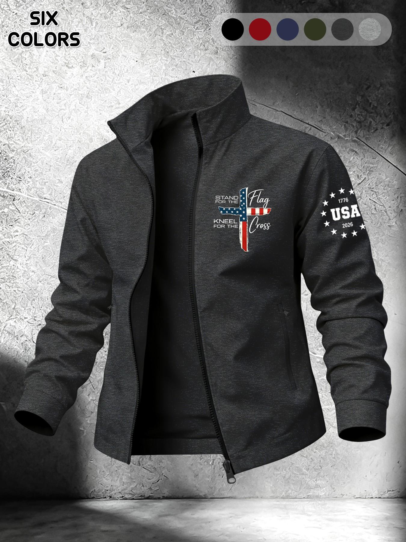 Men's Spring Summer Lightweight Stand Collar Long Sleeve Casual Jacket, American Flag Cross Faith Print, Dual Zipper Pockets, Daily Commute Outdoor Wear