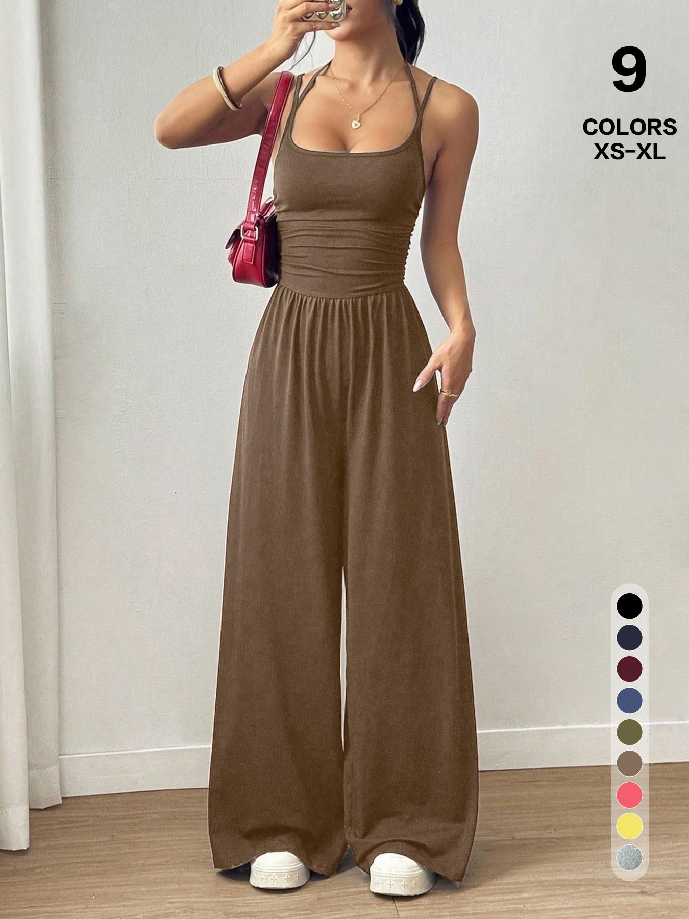 Lightweight Casual Everyday Jumpsuit, Slim Ruched Top & Wide Leg Bottom, Dual Purpose Sleepwear & Outerwear, Loose-Fitting Plain Basic Style, Minimalist, Casual Summer Jumpsuits