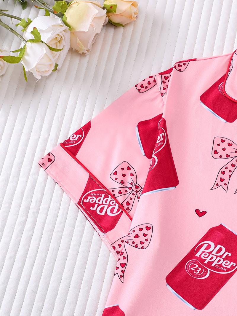 Women's Valentine's Day Spring Summer Set, Heart & Bow Pattern, Fitted Short Sleeve Top & Shorts, Casual All-Season Wear