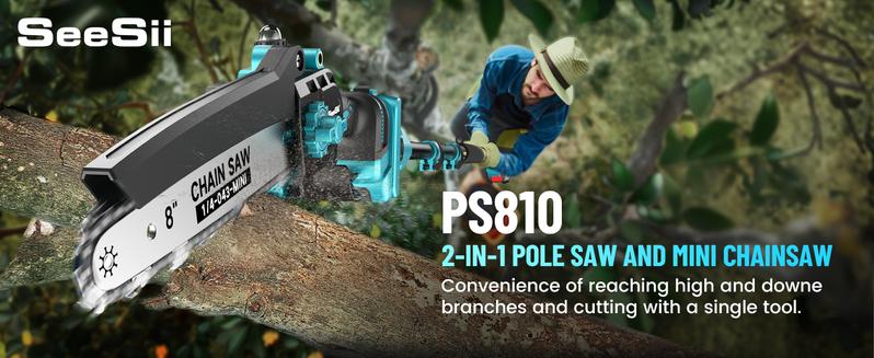 SeeSii 2-IN-1 Cordless Pole Saw & Mini Chainsaw, 8-inch Electric Saw Brushless with 2 * 4.0Ah Battery, 16-Foot MAX, Chain Saw with Extension Pole for Wood Cutting Trimming Branch CH810 #TikTokShopBlackFriday