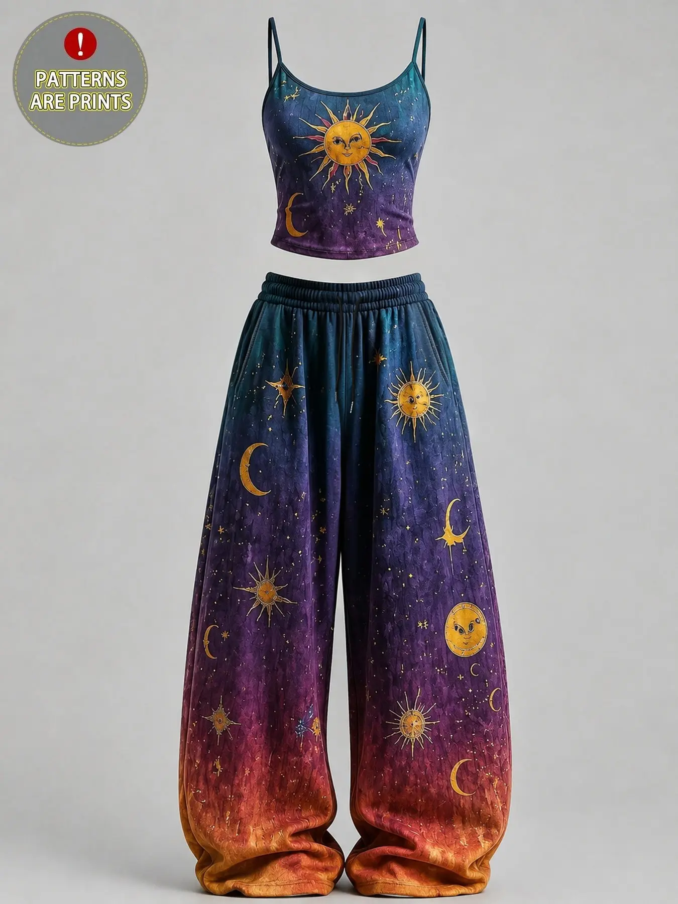 Women's Home Casual, Star Moon Print Slim Fit Tank Top + Loose Pants Set, Y2K, American Street Style, Dark Sweet Cool Fashion