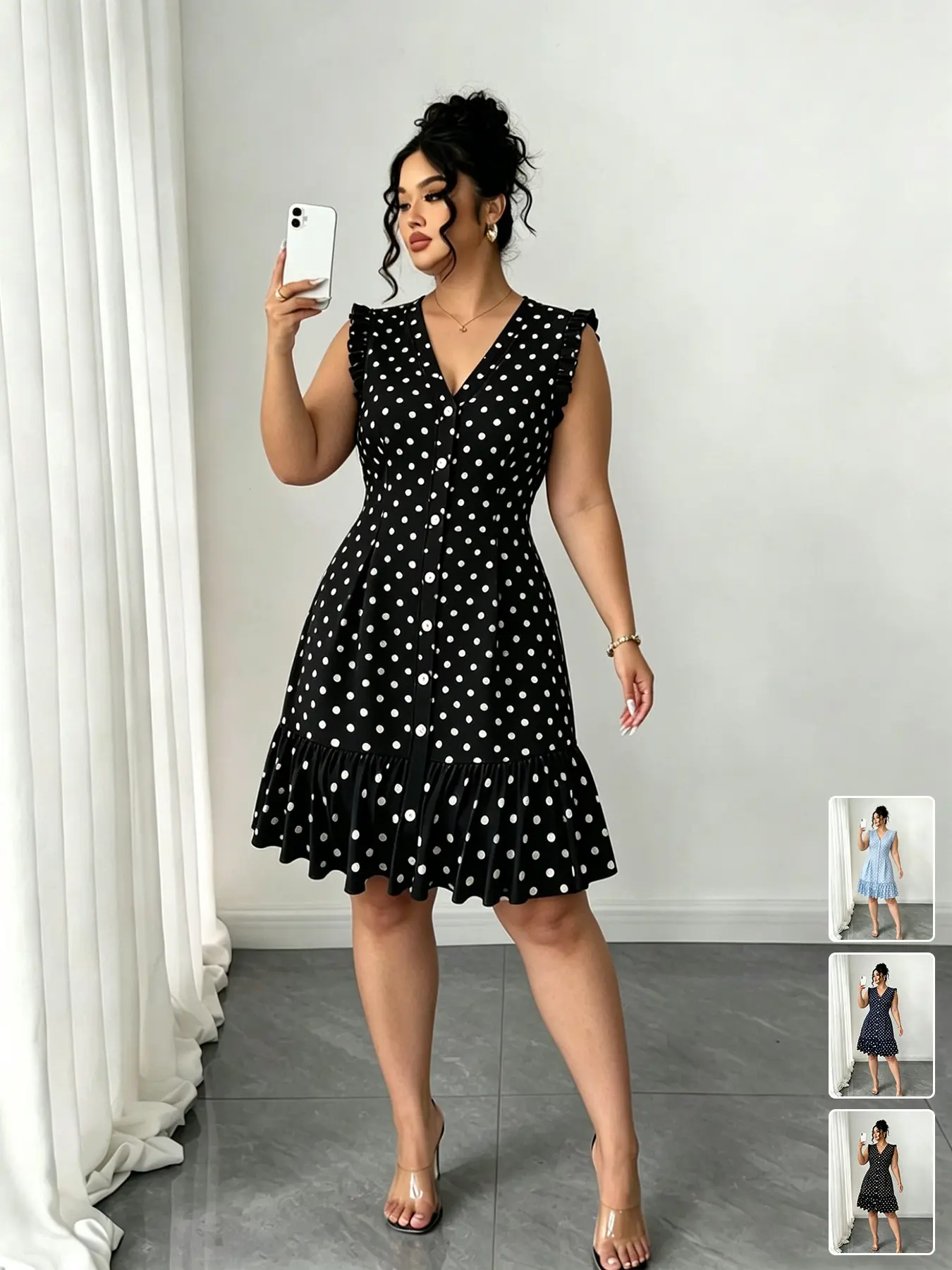 Plus Size Vintage Casual Slim Fit Polka Dot Sleeveless Casual Dress, V-Neck Front Button Ruffled Hem Fishtail Dress for Various Occasions
