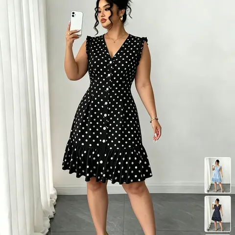 Plus Size Vintage Casual Slim Fit Polka Dot Sleeveless Casual Dress, Summer Dresses, V-Neck Front Button Ruffled Hem Fishtail Dress for Various Occasions