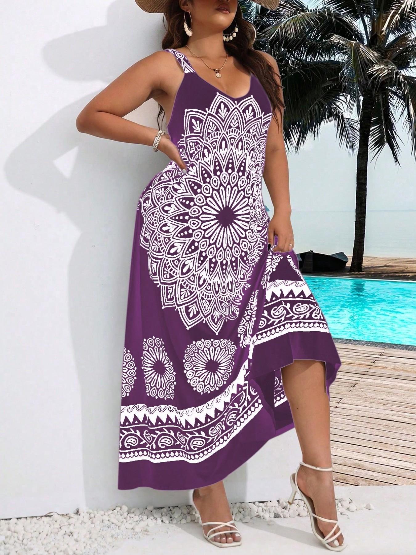Plus Size Ethnic Pattern Backless Scoop Neck Fitted Cami Dress, Boho Print Dress, Bohemian Style Dresses, Boho Bohemian Fashion Chic Sleeveless Casual A Line Long Dress, Casual Boho Sundress for Beach Holiday Vacation, Women's Plus Clothing for Summer