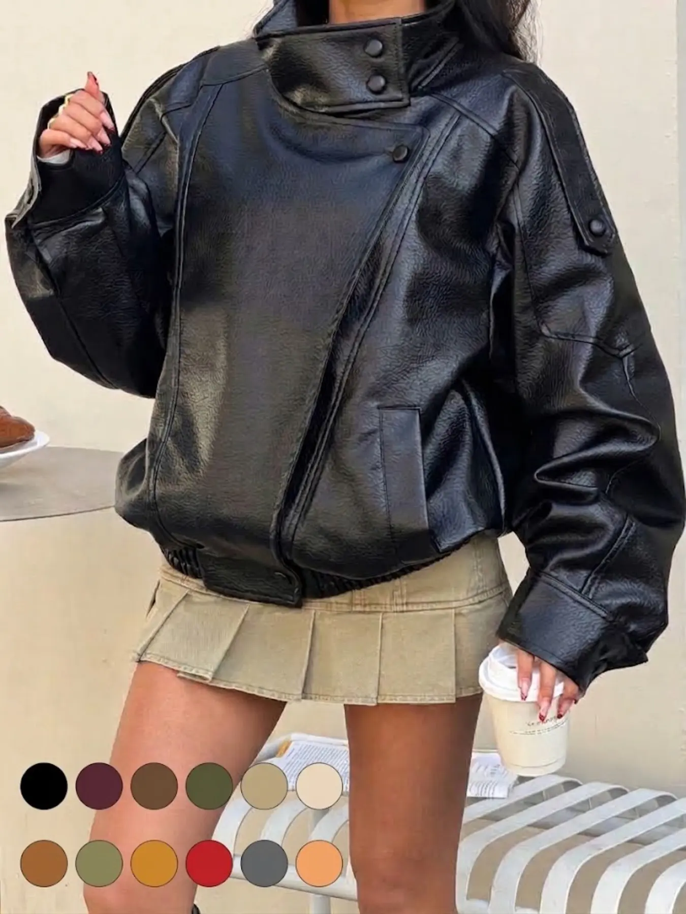 Spring/Autumn New Women's Loose Oversized European And American Style Fashion Minimalist Versatile Loose Fitting Jacket Premium Faux Leather Coat Black
