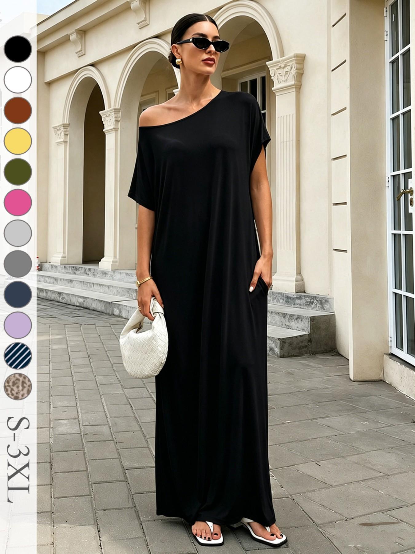 Women's Casual Boho Chic Loose Long T-Shirt Dress, Striped Short Sleeve One-Shoulder Sleepwear with Pockets, Comfortable Fit for Daily, Beach and Vacation Wear Boho Fashion