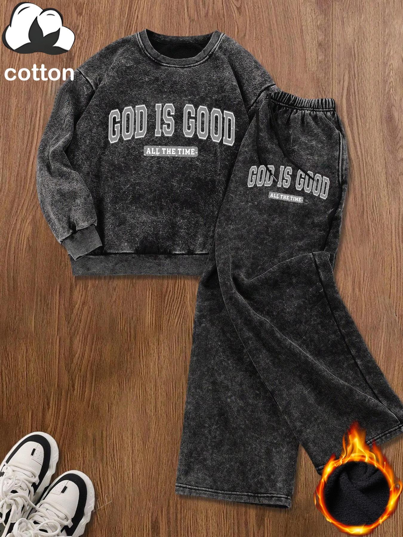 Cotton, women's vintage distressed "GOD IS GOOD" letter print, plush round neck sweatshirt and plush trousers two-piece set, loose casual long-sleeved pullover and elastic trousers, autumn and winter daily wear, plush suit