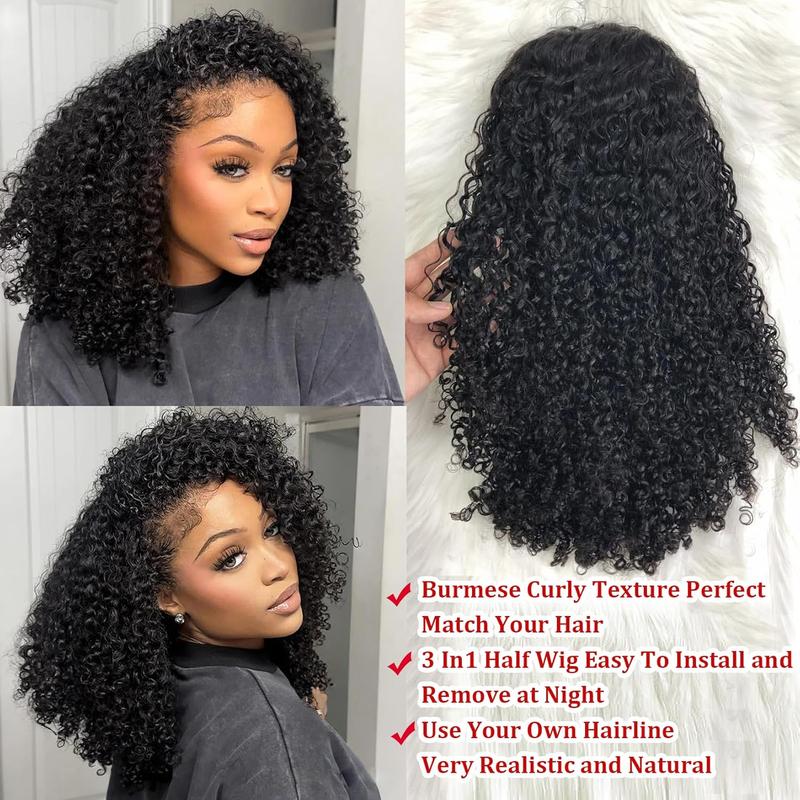 Bling Hair Glueless Wigs Human Hair Half Wig Upgrade 3 IN 1 Half Wig With Drawstring Seamless Clip Ins Flip Over Kinky Curly Human Hair No Glue No Lace Wig For Women 200% Density #halfwigtok #TikTokShopFallDealsForYou #TikTokShopHolidayHaul