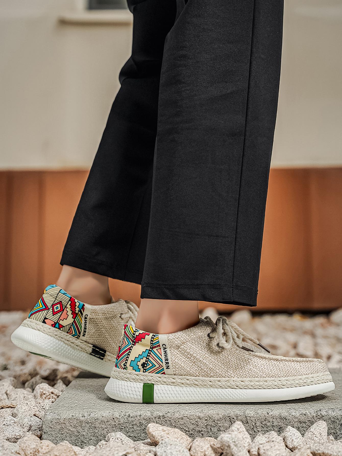 Summer New Men's Linen Shoes, Breathable Non-Stuffy, Colorblock Geometric Pattern, Fringe Decor, Retro Ethnic Style, Comfortable Thick Sole