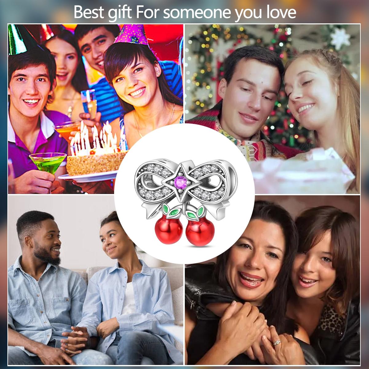 Cherry Bow Charm with Star Gem, Fruit & Leaf Enamel, Cute Girly Jewelry for Pandora Bracelet, Elegant Accessory