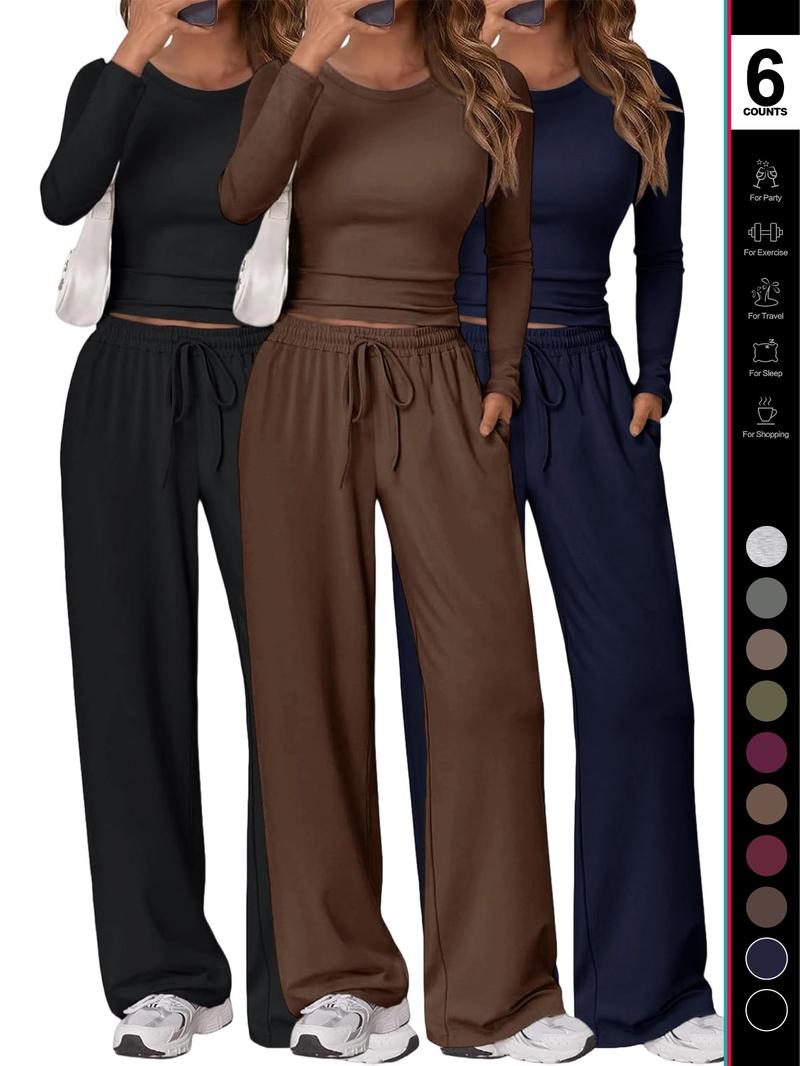 Women's 2 Piece Matching Lounge Set Long Sleeve Slightly Crop Top Wide Leg Pants Casual Sweatsuit 2026