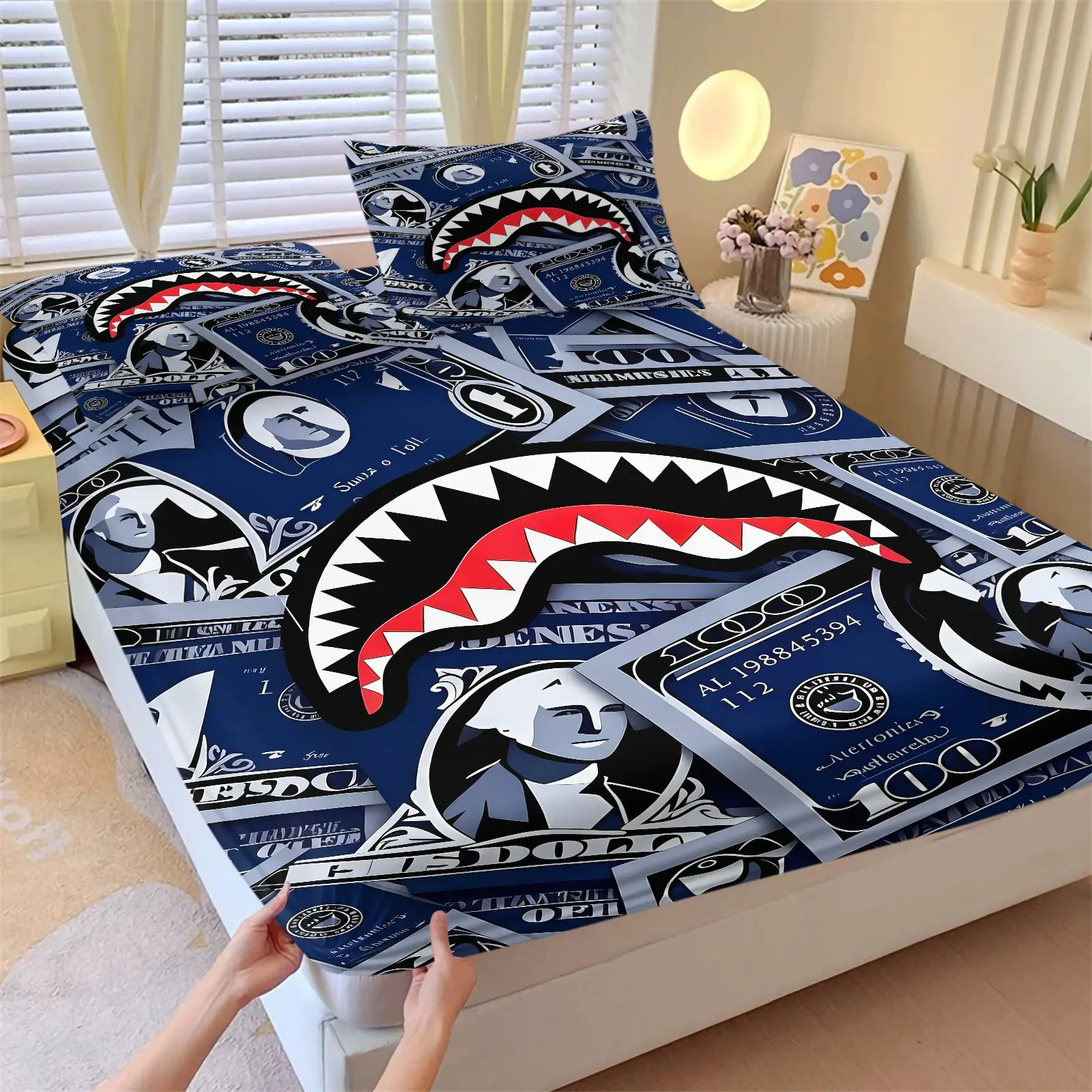Navy Blue Shark Mouth Print Fitted Sheet Set & 2 Pillowcases, Banknote Background and Red-White Serrated Shark Mouth Design, Soft Non-Slip Deep Pockets, Youth/Hypebeast Bedroom Dorm Gaming Room Decor
