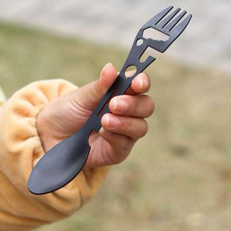 2pcs Stainless Steel Multi-Tool Spoon Set, Includes Bottle Opener, Wrench, Direction Indicator, Ideal for Camping Hiking Backpacking, Camping Kitchenware