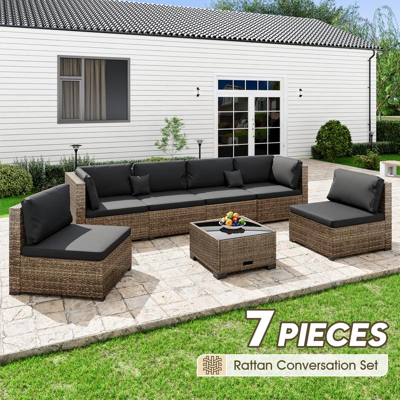 7 Piece Patio Furniture Set, Outdoor Furniture Patio Sectional Sofa, All Weather PE Rattan Outdoor Sectional with Cushion and Coffee Table. Swivel Chair Lounge