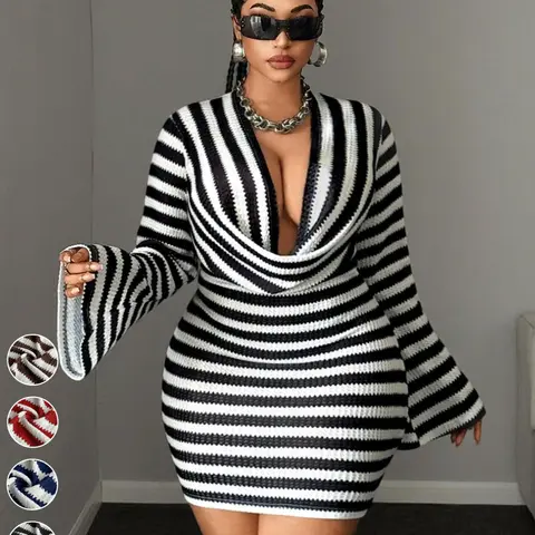 Plus Size Women's Striped Bodycon Skirt, Deep V Neck Bell Sleeve Knit Dress, Spring Fall Party, Nightclub Bar Date Music Festival