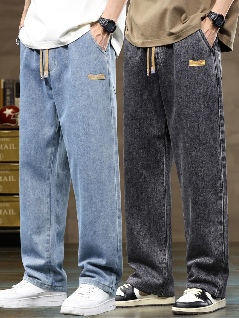 Men's Drawstring Elastic Waist Straight Leg Jeans Set, Casual All Season Wear, Fitted Plain Design, Natural Waist Style