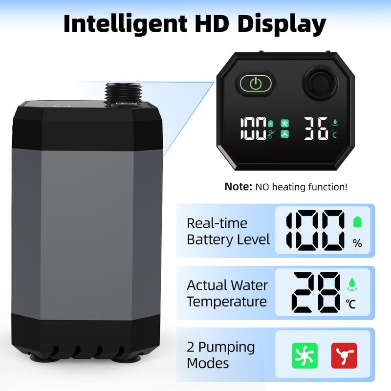 MoKo Camping Shower Pump as Outdoor Power Bank, 12000mAh Rechargeable Camp Showers with LED Display for Battery Level and Water Temperature, Portable Shower Head for Camping, Pet & Car Cleaning