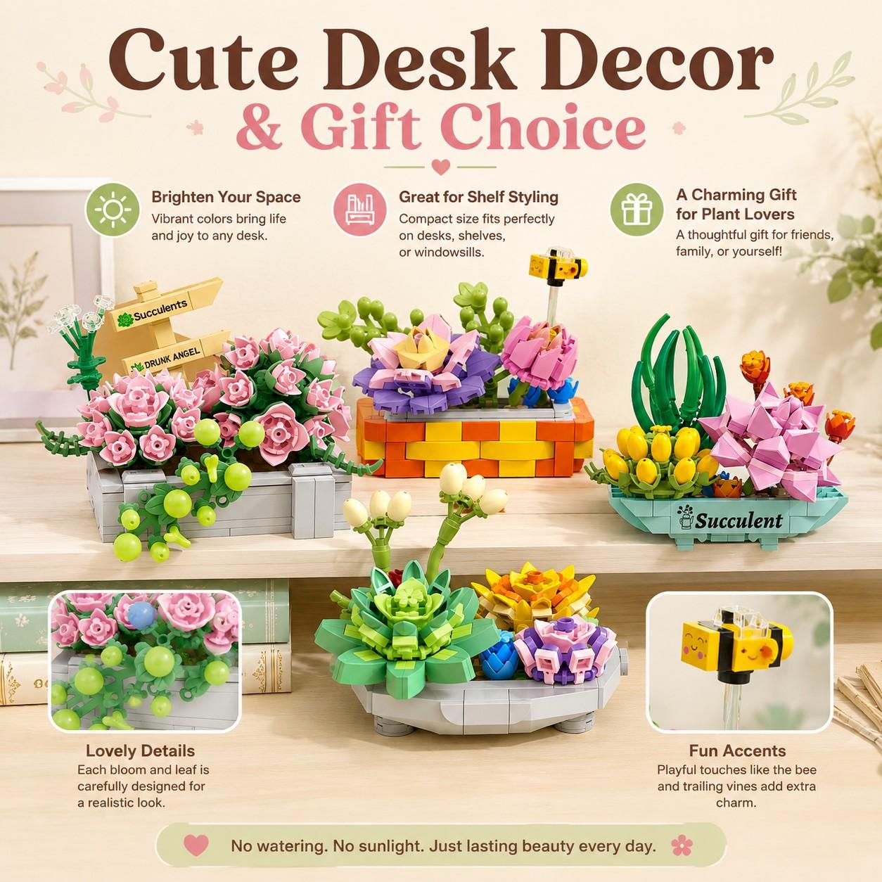 4 PC Micro Building Blocks Succulent Collection, Building Block Flowers, Floral Display Style, Four Decorative Plant Designs with Vivid Colors and Mini Pieces, Relaxing DIY Toy for Home Office Shelf Decor, Christmas Gift, Collectible Model