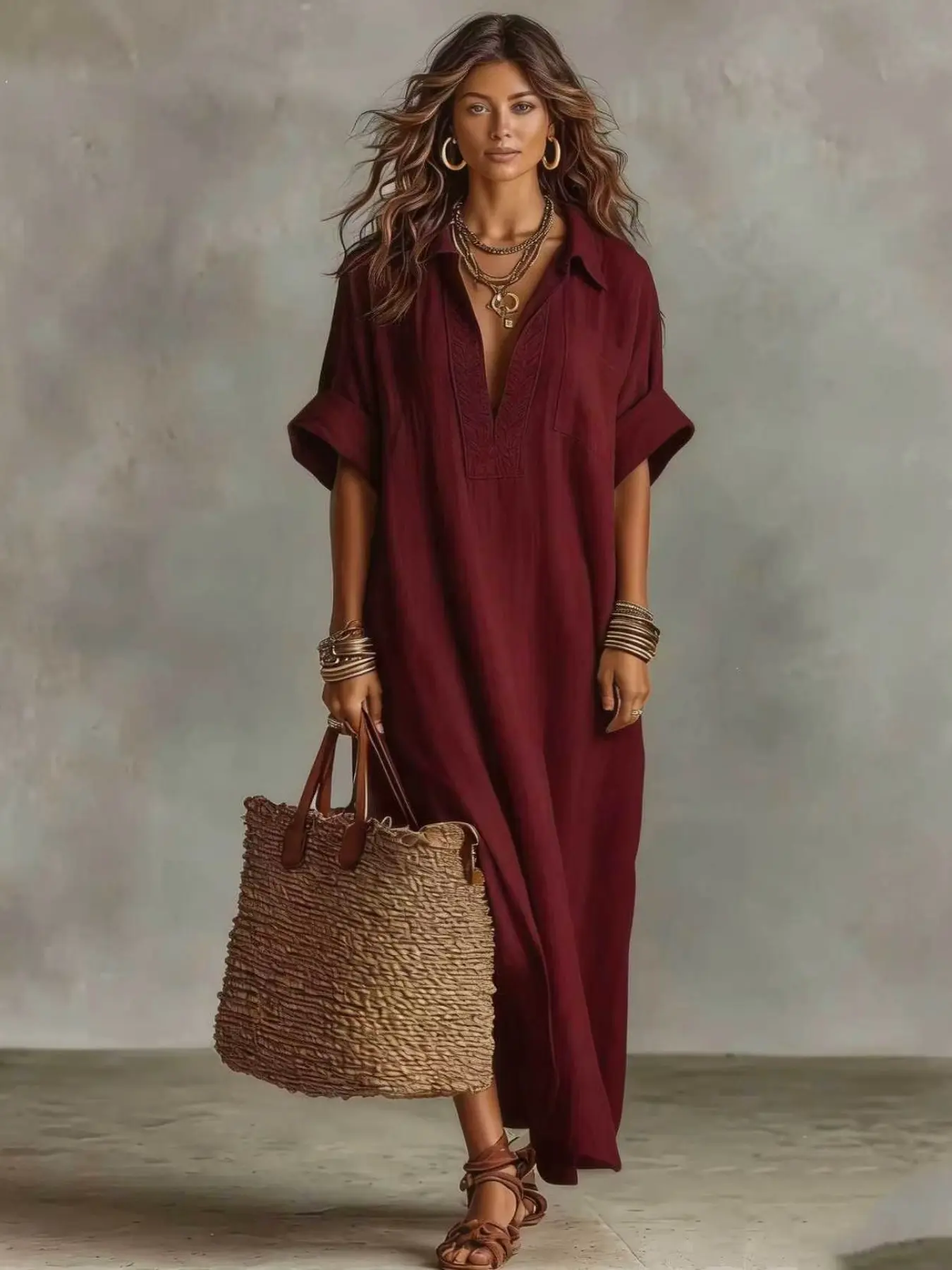 Women's Boho Maxi Dress, Casual V Neck Shirt Dress, Loose Fit Half Sleeve, Long Dress, Beach Vacation Cover Up, Fall