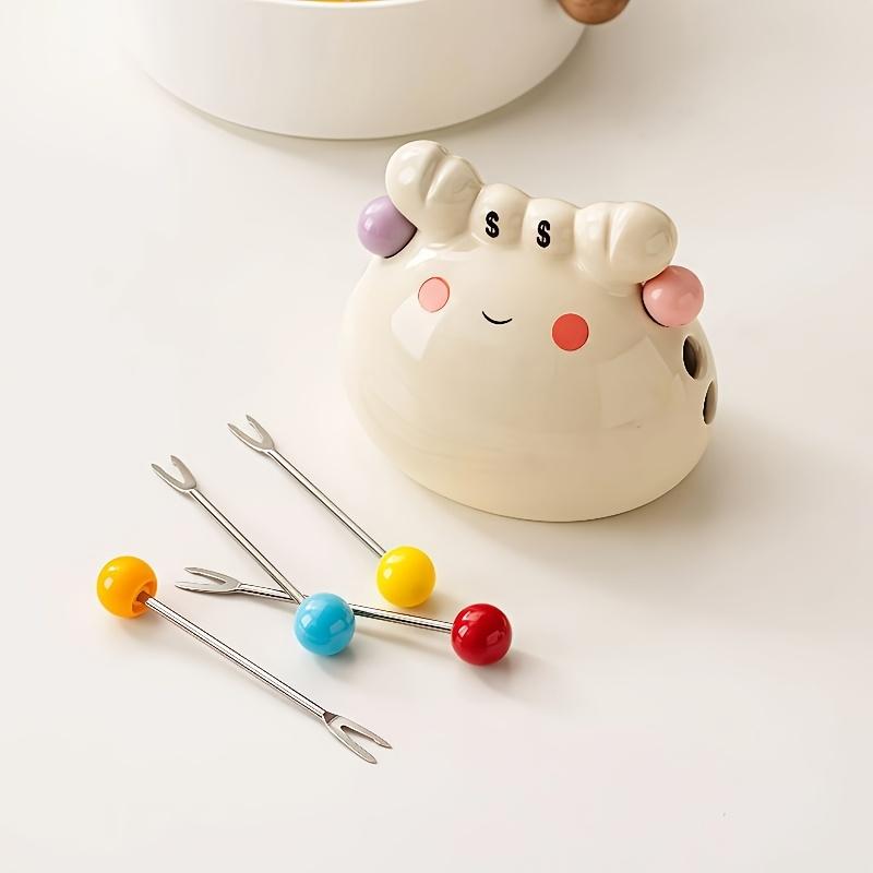 1 piece set, fruit fork box with 6-fork ceramic crab storage tank, stainless steel dessert fruit fork, portable dessert tableware.