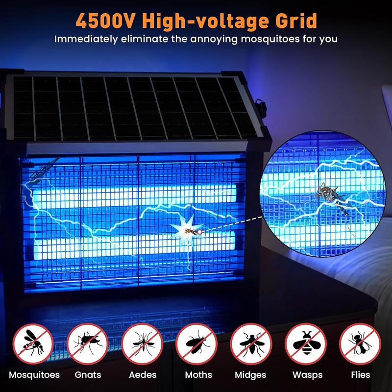 Bug Zapper Outdoor Solar Powered, Mosquito Zapper Indoor with 4500V High Powered, Electric Fly Zapper with Extension Cord and Grounding Bracket, Rechargeable Waterproof Mosquito Killer, Fly Zapper, Mosquito Killer, Electric Trap Ideal for Patio, Backyard