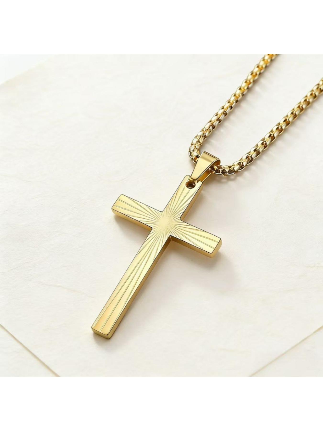 Sunburst Cross Pendant Necklace - Stainless Steel Titanium Chain for Men/Women