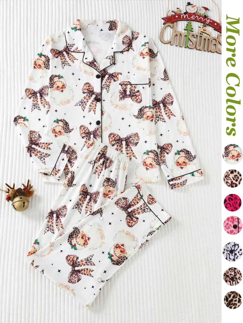 Women's Leopard Print Button Front Pocket Lapel Shirt & Elastic Waist Pants Pyjama Two-piece Set, Casual Comfy Pocket Long Sleeve Top & Trousers Pj Set, Women's Sleepwear for Spring & Fall, Loungewear Set Women, Leopard Print Pajamas