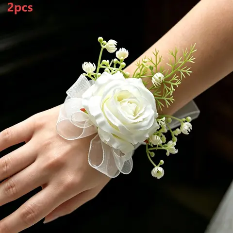 2Pcs Matching White Rose Wrist Corsage Set for Bride and Groom Artificial Hand Flower Wristband Wedding Prom Party Decor