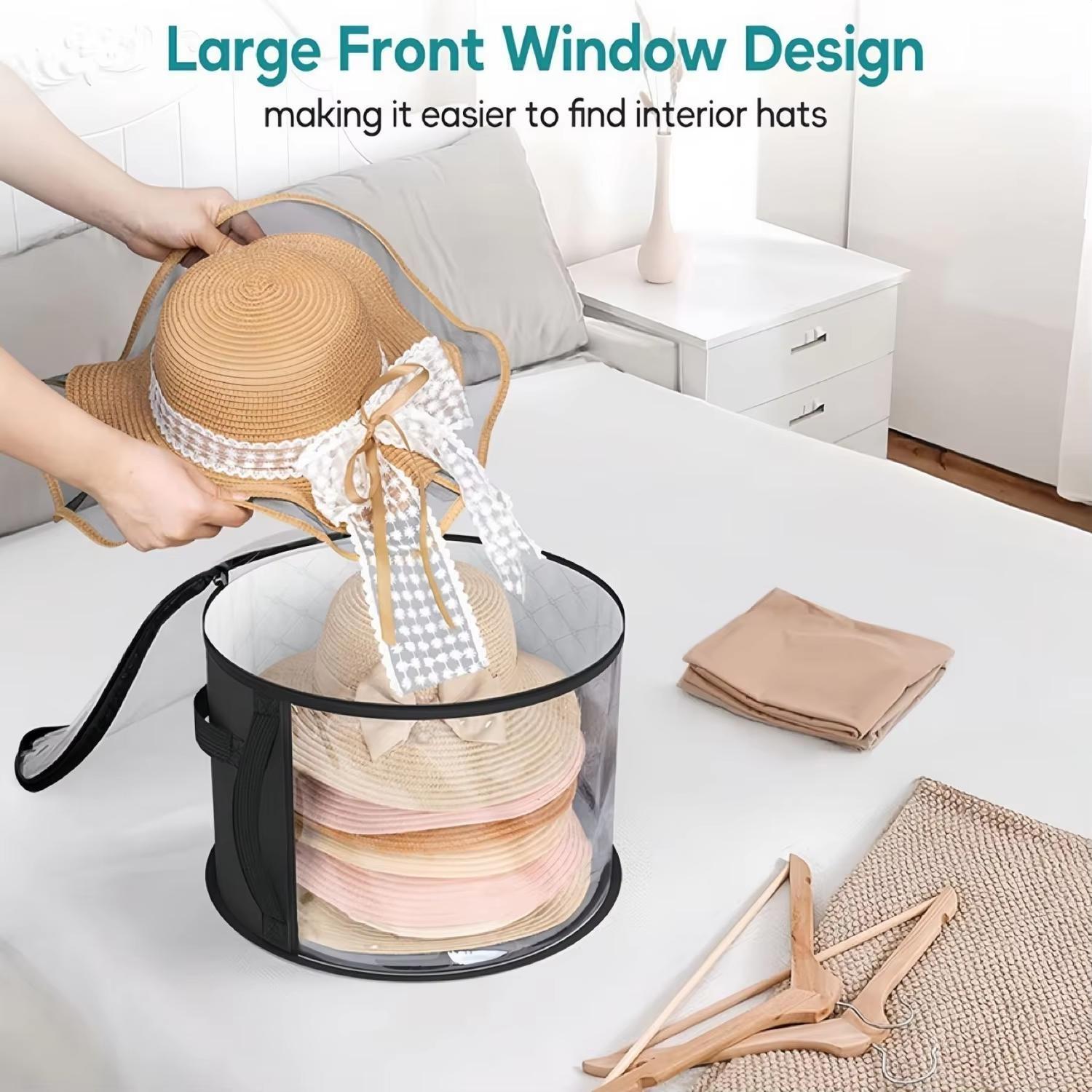 Foldable Hat Storage Bucket, Travel Organizer with Handle and Transparent Window, Round Collapsible Cap Holder for Clothes Organization