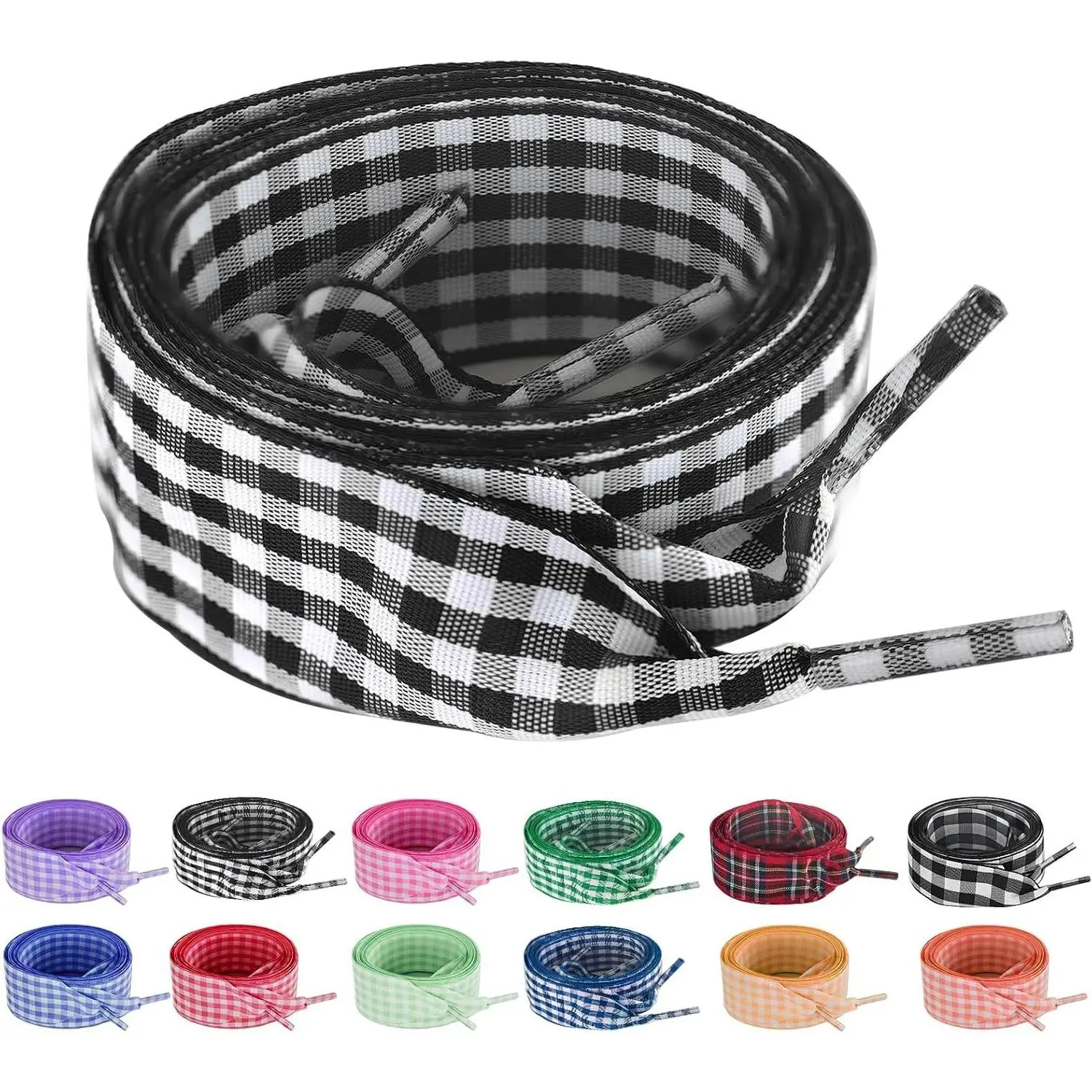 25MM Gingham Ribbon Shoelaces, Checkered Plaid Satin Fancy Cute Replacement Strings for Women SneakersGift