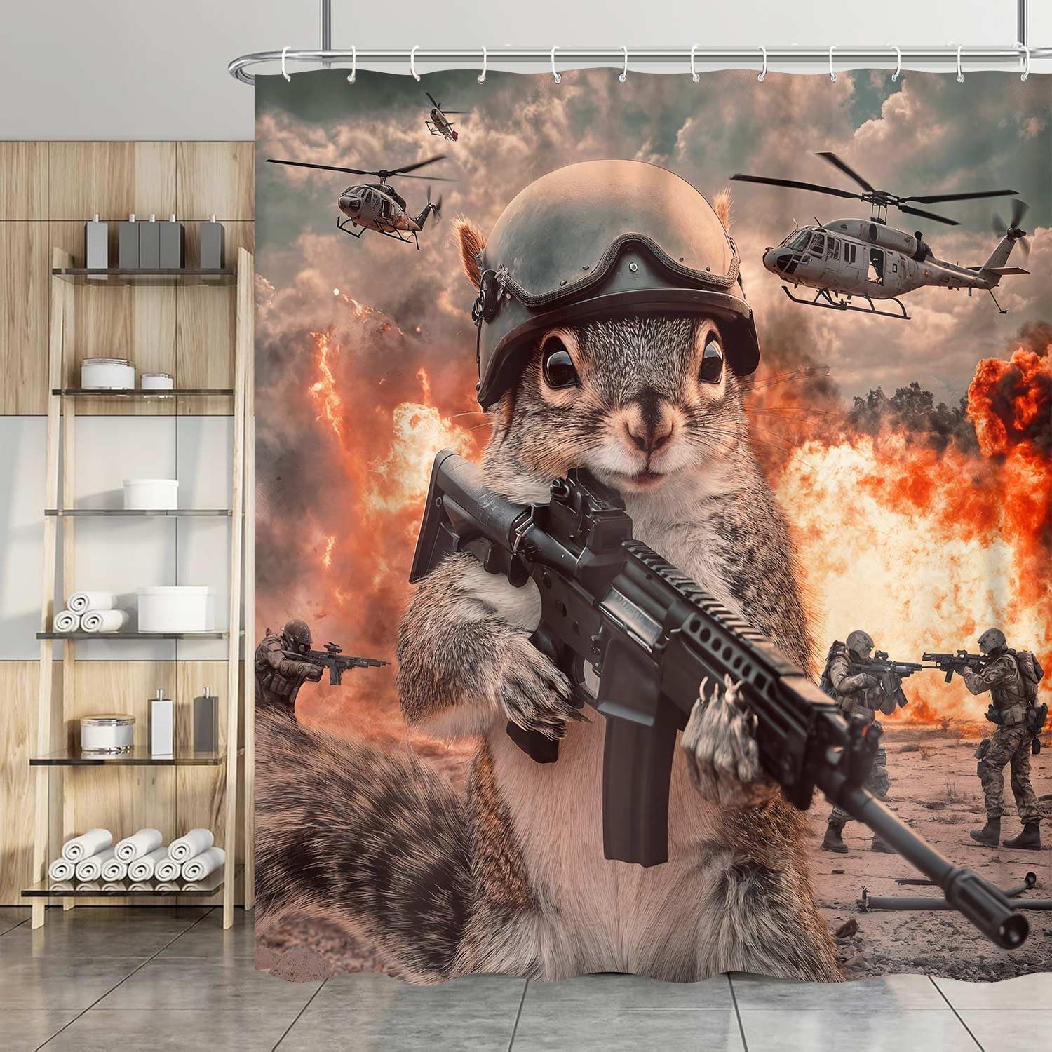 Funny Cat Knight Riding Shark in Space Battle Shower Curtain - Humorous Cat Laser Gun Galaxy Print, Waterproof Fabric Bath Curtain with 12 Hooks | Novelty Kids Bathroom Decor #showercurtain #catmeme #sharkdecor #spacecat #funnybathroom