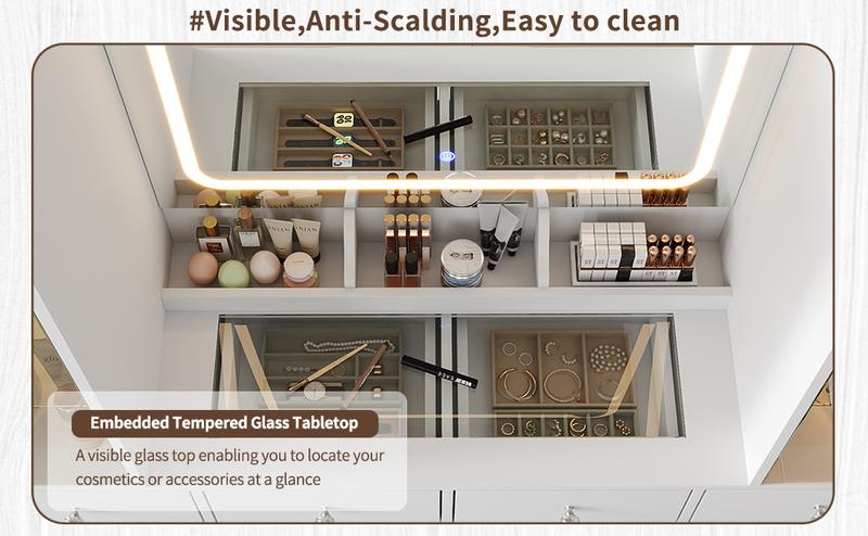 FUSOU 12 Drawers Makeup Vanity with Charging Station, Vanity Desk with LED Mirror & 2 Glass Cabinet, 3 Color Modes, Brightness Adjustable, Glass Top, Dressing Table with Chair for Bedroom (12 Drawers)